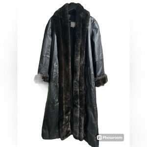 GANTOS Vintage Women’s Leather & Faux Fur Trim Long Open Coat‎